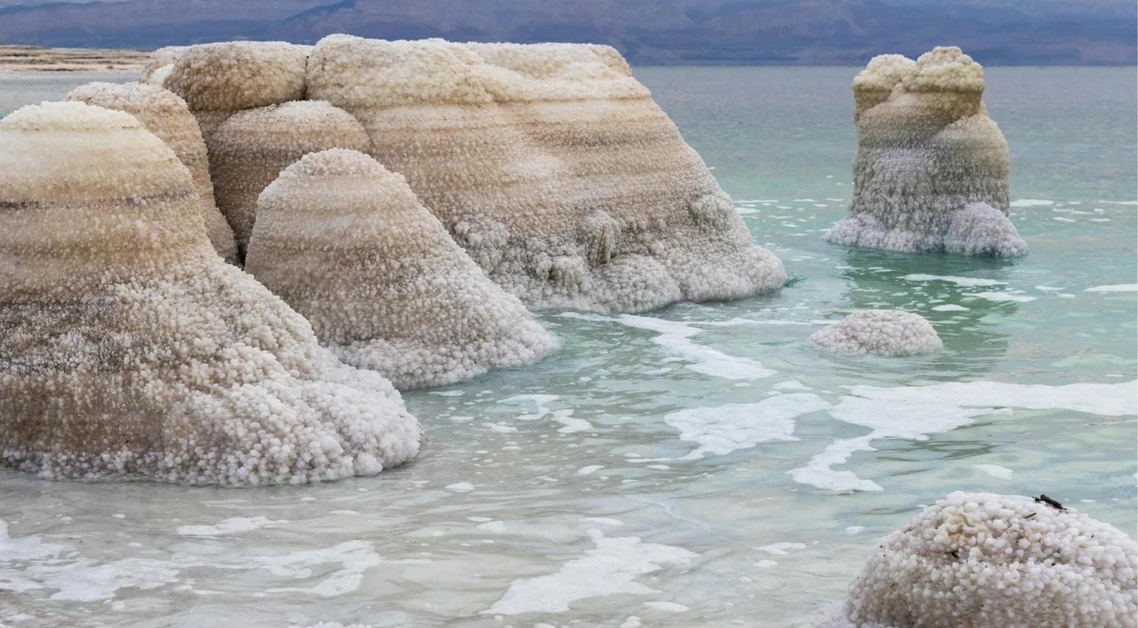 Salt pillars standing in the shallow water of the Dead Sea with the far shore behind